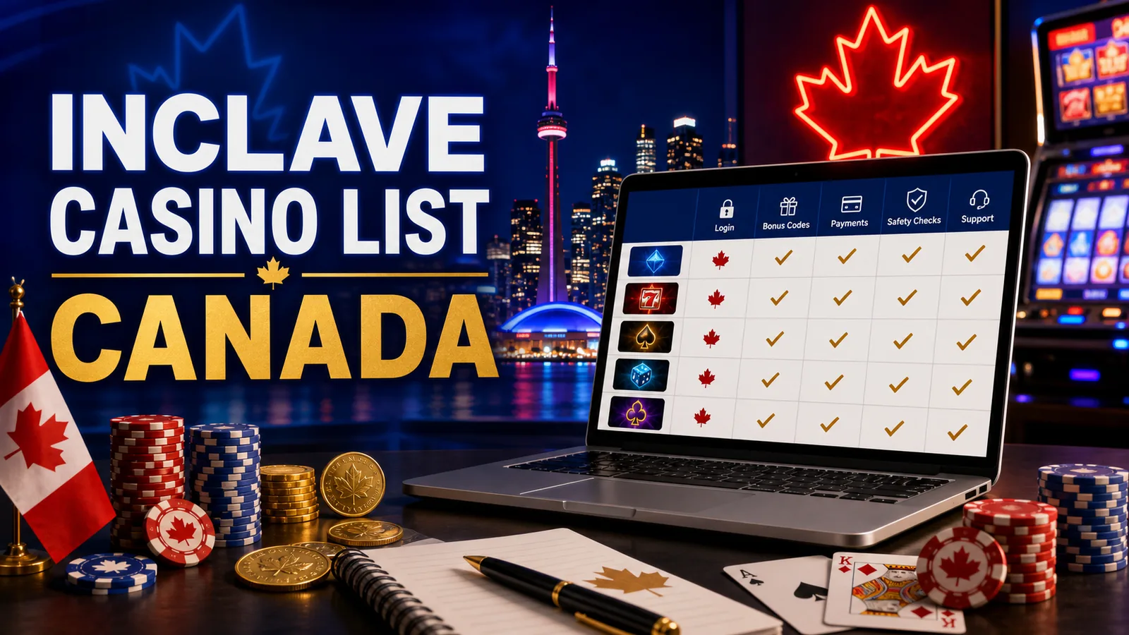 List-table visual with casino cards, checkmarks and maple-leaf markers