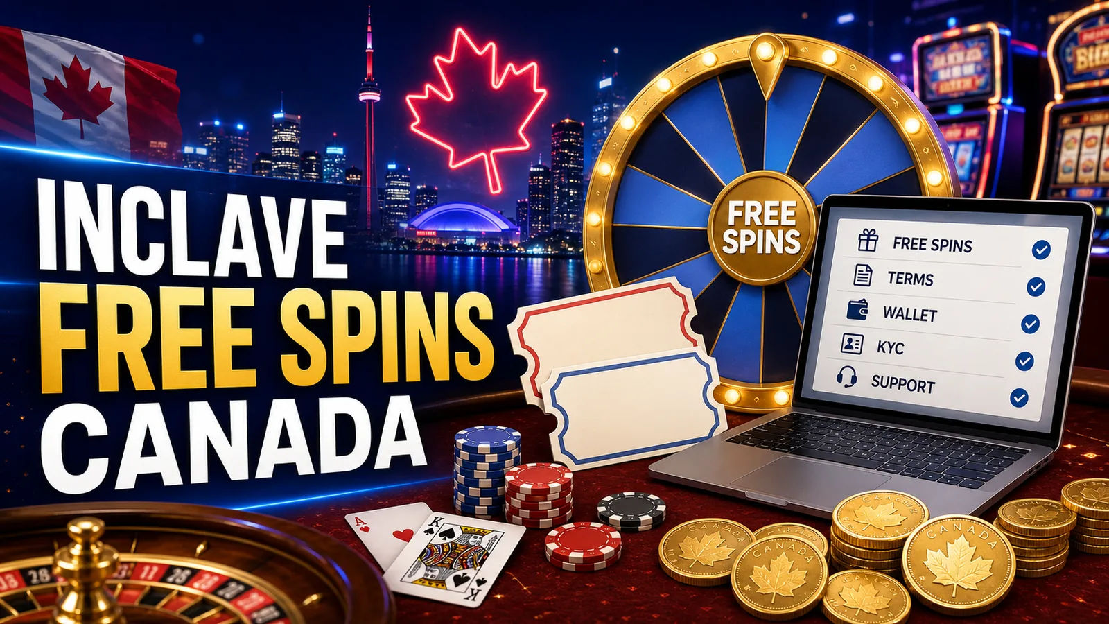 Free-spins wheel/ticket with terms checklist and no guaranteed-win text